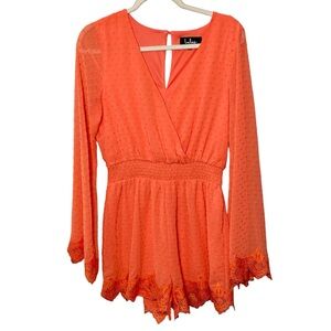 Lulu's "Meadowlark" Orange Long Sleeve Lace Accent Short Romper Size Medium